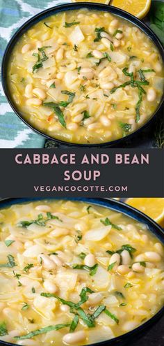 cabbage and bean soup in a black bowl with lemon slices on the side