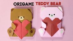 an origami teddy bear and heart shaped paper crafting project for valentine's day