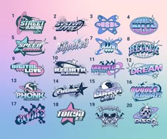 the logos for different sports teams are shown in this graphic design set, which includes various colors and shapes