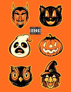 six halloween pumpkins with different faces on them