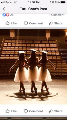 three girls in white dresses and caps are standing on stage with their arms around each other