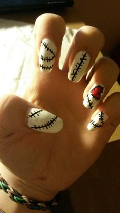 Vixx - Voodoo doll nail Art by Jade Black Voodoo Doll Nail Art, Zombie Nails Acrylic, Skelanimals Nails, Voodoo Nails Design, Mail Art Short Nails, Nail Ideas Simple Design, Ruby Gloom Nails, Teeth Nails Art, Voodoo Doll Nails