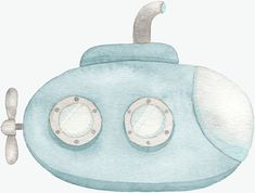 a watercolor drawing of a blue submarine shaped object with two round windows and metal handles