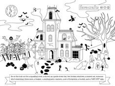 a halloween scene with a house and bats in the sky, black and white illustration