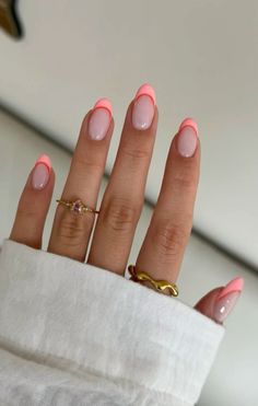 Almond Nail Inspo French Tip, French Tips Two Colors, Colored French Tip With Chrome, Nails French Tip Ideas, Short Almond French Tip, Rounded Acrylic Nails, Teen Nails, Wave Nails, Simple Gel Nails