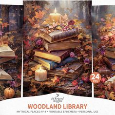 three books with candles and autumn leaves on them are shown in four separate images, each featuring an image of a stack of books