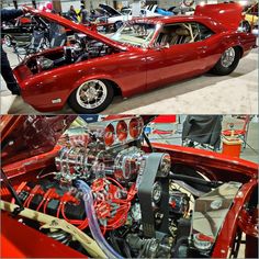 two pictures of the inside of a car show