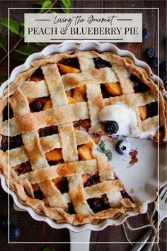 a blueberry pie on a white plate with a piece missing from it and the text overlay reads using your own peach & blueberry pie