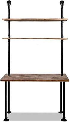 an industrial style shelving unit with three shelves and two black pipe rods on each shelf