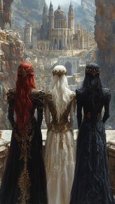 three women standing on a balcony looking at a castle