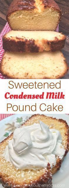 this is an image of a pound cake with whipped cream on top and the words, sweetened condensed milk pound cake