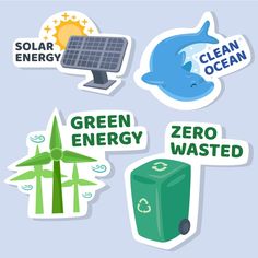 four stickers depicting different types of green energy