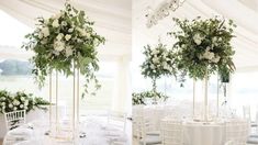 two pictures of tables with white chairs and flowers on them, one is decorated with greenery