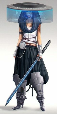 a woman with blue hair is holding two swords and a large object on her head