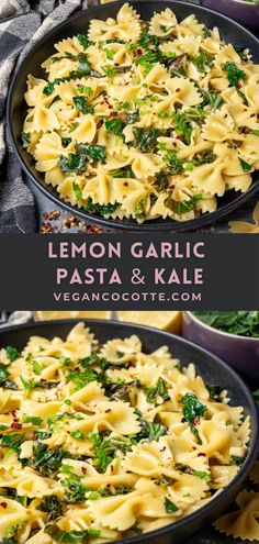 lemon garlic pasta and kale in a skillet with the title text above it