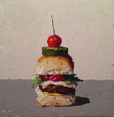 a painting of a hamburger with a cherry on top