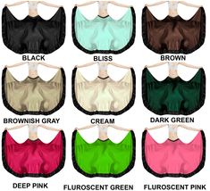 six different colors of bras with the names below them in black, brown, green, pink, and blue