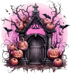 a halloween scene with pumpkins and bats in front of an entrance to a house