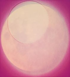 an abstract painting with a white circle in the center on a pink and purple background