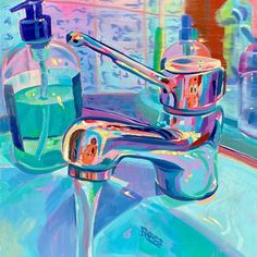 a painting of a faucet and soap dispenser on a sink