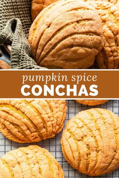 pumpkin spice cookies on a cooling rack with the words pumpkin spice conchas above them