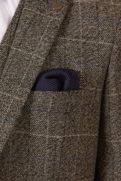 Spruce up in the Scott three piece suit. This vintage inspired suit draws inspiration from old age country tweeds featuring a subtle check laid upon a durable heavyweight fabric. Character is added with the navy velvet contrast pocket trims and an eye-catching blue paisley pocket square peeking through the top pocket. Model wears size 40R blazer, 40R waistcoat & 34R trousers. Features Slim fit Single-breasted Notch lapel Single back vent Four button cuff Double button blazer fastening Waistcoat Grad Suits, Blue Check Suit, Suit Drawing, Check Blazer, Tweed Trousers, Silk Style, Classic White Shirt, Stylish Suit, Grey Tweed