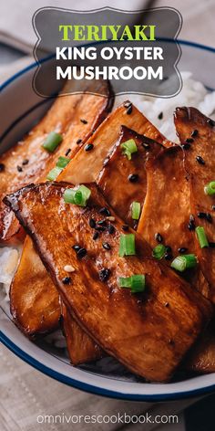 there is a plate with tofu and rice on it, the title says teriyaki king oyster mushroom