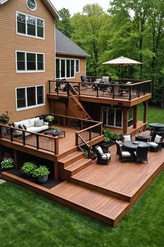 a large deck with chairs and tables on it