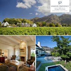 there are pictures of the inside of a house and outside of a vineyard with mountains in the background