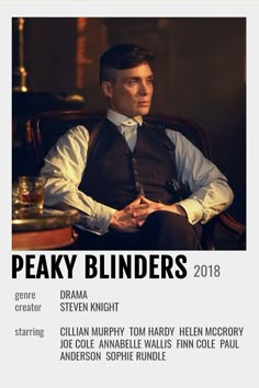 a man sitting in a chair wearing a vest and tie with the words peaky binders on it