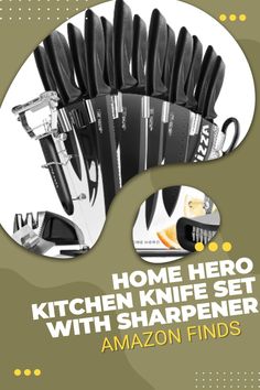 the kitchen knife set with sharpener is shown in front of an advertisement for amazon finds