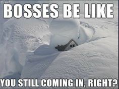 a house is buried in the snow with caption that reads, boss be like you still coming in, right?