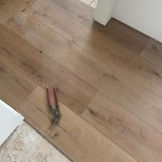 a pair of pliers laying on top of a hard wood floor next to a wall