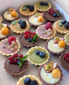 small desserts are arranged in the shape of pies with fruit toppings on them