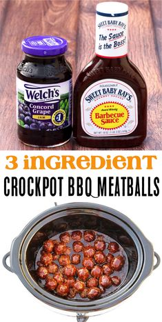 the ingredients for crockpot bbq meatballs are shown in this collage