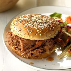 a pulled pork sandwich on a sesame seed bun with a side of salad and coleslaw