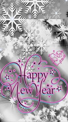 a happy new year greeting card with snowflakes and stars in the background,