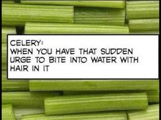 some celery that has been cut in half and is labeled with the words celery when you have that sudden urge to bite into water with hair in it