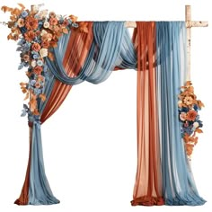 a blue and orange wedding arch with flowers on it