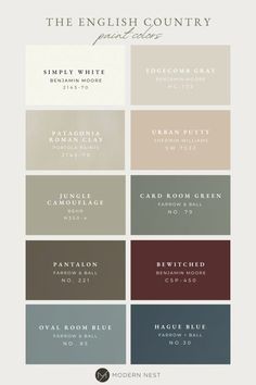 the english country paint color scheme is shown in shades of gray, white and brown