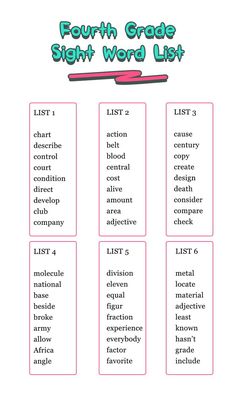 the fourth grade sight word list is shown in pink and green, with red writing on it