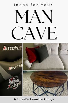 an advertisement for a man cave with pictures of furniture and accessories, including a couch