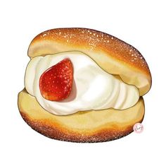 an illustration of a bagel with whipped cream and strawberries on it's side