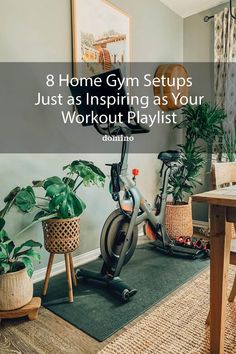 a home gym setup with plants on the floor and an exercise bike next to it