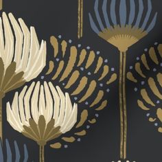 a black and gold wallpaper with large flowers on the left side is shown in this image