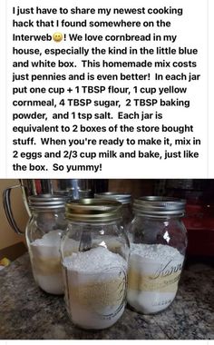 three jars filled with white flour sitting on top of a counter next to each other