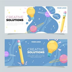 two banners with pencils and light bulbs on the blue background, one is for creative solution