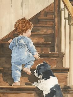 a painting of a child playing with a dog at the bottom of some stairs,