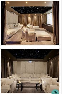 there are two pictures of the inside of a home theater with couches and chairs