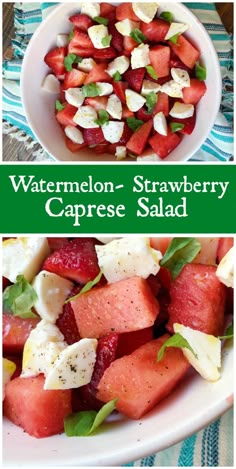 watermelon - strawberry caprese salad with feta cheese and basil